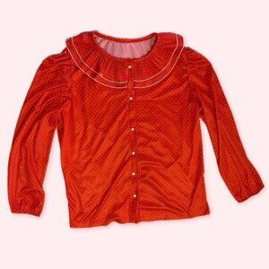 1970’s Vintage Western Frilly Red Polka Dot Polyester Button Up Blouse